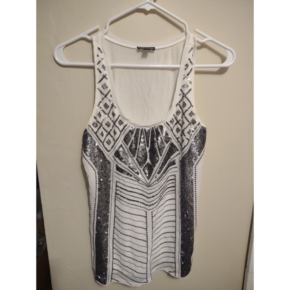 WOMENS EXPRESS WHITE SLEEVELESS SEQUINED SPARKLE KNIT‎ TOP SHIRT XS  Festival